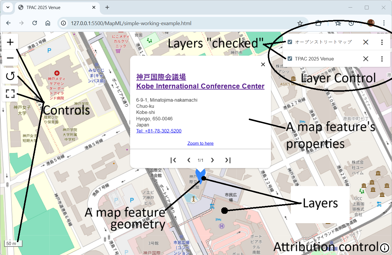 An annotated screenshot of the mapml-viewer displaying layers, controls, feature properties and geometry