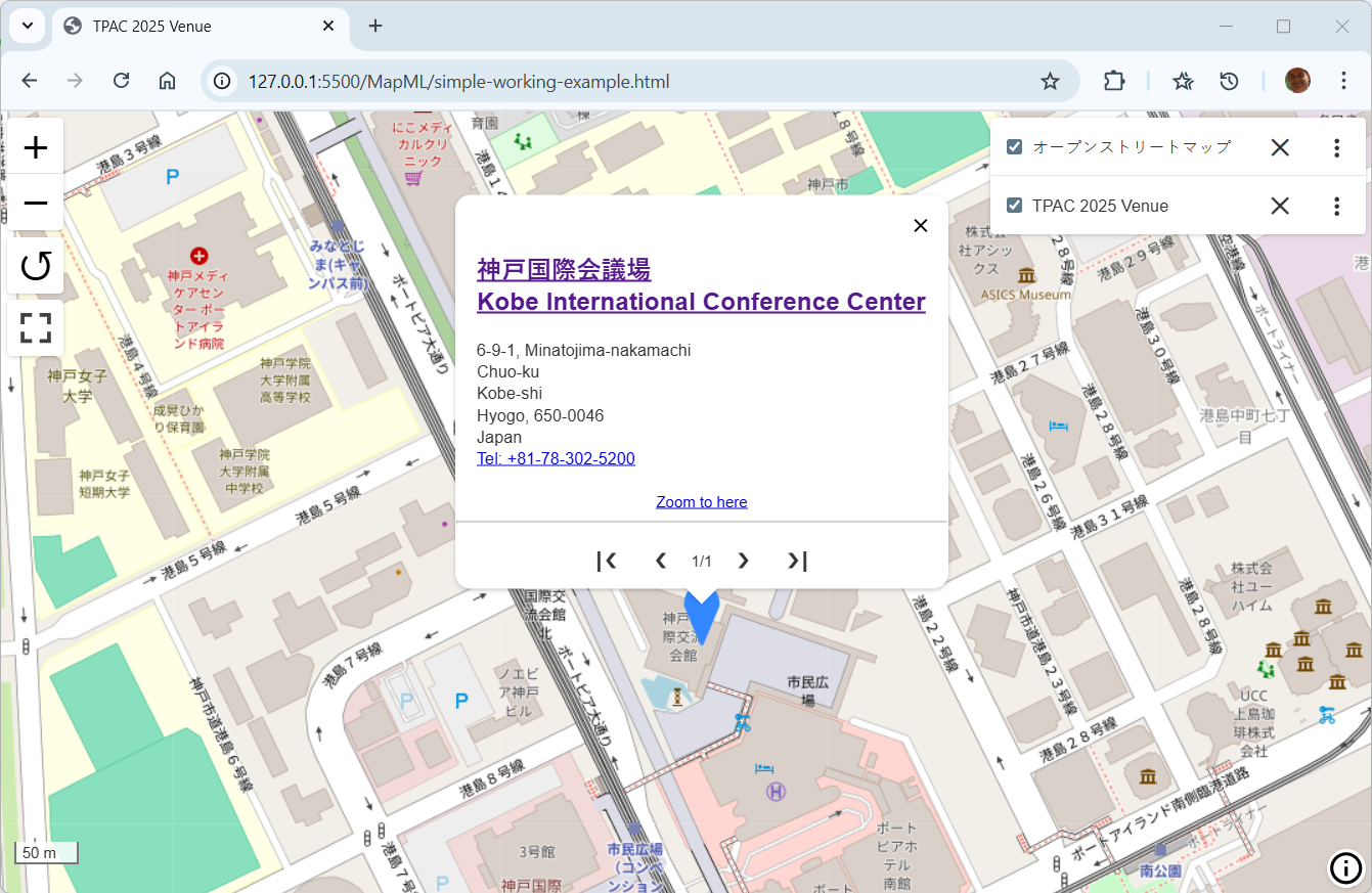 A screenshot of the mapml-viewer displaying the Kobe International Convention Centre